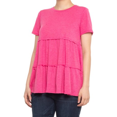 Greige Tiered Babydoll Shirt - Short Sleeve (For Women) - PINK YARROW (L )