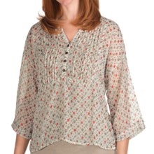 True Grit Chiffon Crop Pintuck Shirt - 3/4 Sleeve (For Women) in White Floral - Closeouts