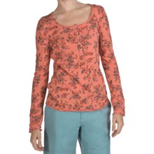True Grit Floral Slub Knit Henley Shirt - Crystal Button, Long Sleeve (For Women) in Coral Red - Closeouts