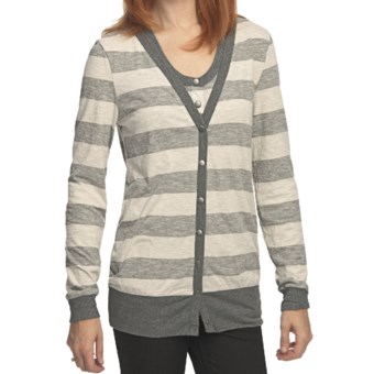 True Grit Heather Stripes Long Cardigan Sweater - Snap Front (For Women) in Oatmeal/Charcoal
