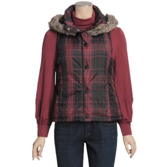 True Grit Printed Puffers Hooded Vest - Faux Fur (For Women) in Red Plaid