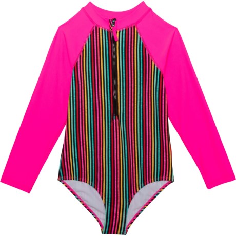 KENSIE GIRL Vertical Stripe Print Unisuit - UPF 50, Zip Neck, Long Sleeve (For Big Girls) - BLACK (14/16 )