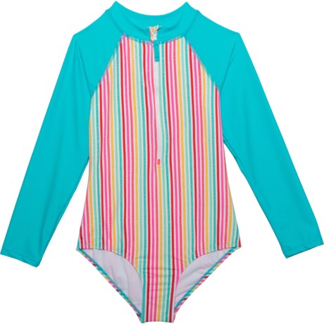 KENSIE GIRL Vertical Stripe Print Unisuit - UPF 50, Zip Neck, Long Sleeve (For Big Girls) - WHITE (14/16 )