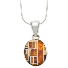 Vessel Amber Mosaic Pendant Necklace - 18” Snake Chain in Honey Amber/Green Amber/Sterling Silver - Closeouts
