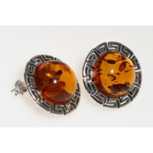 Vessel Baltic Amber Earrings - Greek Key Sterling Silver (For Women) in Amber/Sterling Silver - Closeouts