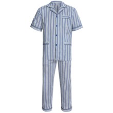 Woven Cotton Pajamas - Short Sleeve (For Men) in Blue/Tan Patterned Stripe - Closeouts