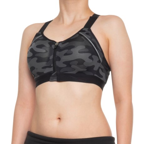 Layer 8 Zip-Front Cross-Back Sports Bra - High Impact (For Women) - BLACK CAMO (L )