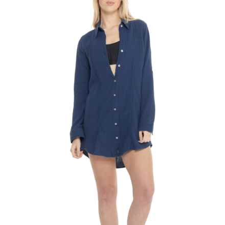 4OUR Dreamers Cotton Gauze Lace Trim Tunic Dress - Long Sleeve in Navy
