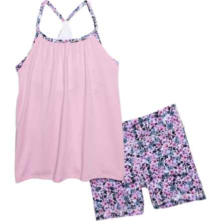 90 Degree by Reflex Big Girls 2Fer Mesh Empower Tank Top and Lux Everyday Shorts Set - 4” in Pink/Spring Wildflowers Isia Blue