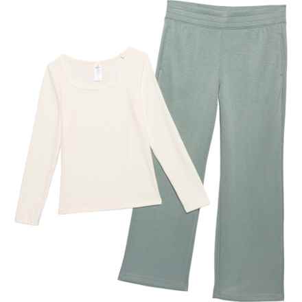 90 Degree by Reflex Big Girls Rib Square Neck Shirt and Straight Leg Pants Set - Long Sleeve in Sugar Swizzle/Chinois Green