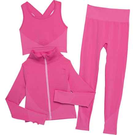 90 Degree by Reflex Big Girls Seamless Crop Jacket, Sports Bra and Leggings Set - 3-Piece in Rose Violet/Bonbon