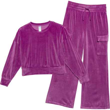 90 Degree by Reflex Big Girls Velour Meli Crop Top and Wide Leg Cargo Pants Set - Long Sleeve in Purple Wine