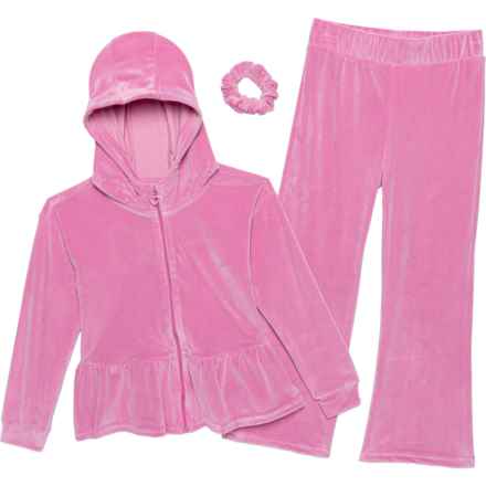 90 Degree by Reflex Little Girls Velour Tiara Peplum Hoodie and Flare Pants Set in Fuchsia Pink