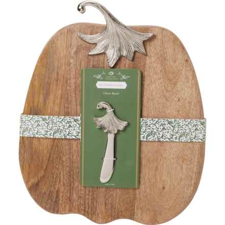Acorn & Oak Large Pumpkin Cheese Board with Spreader - 14.5x12.5” in Silver/Natural