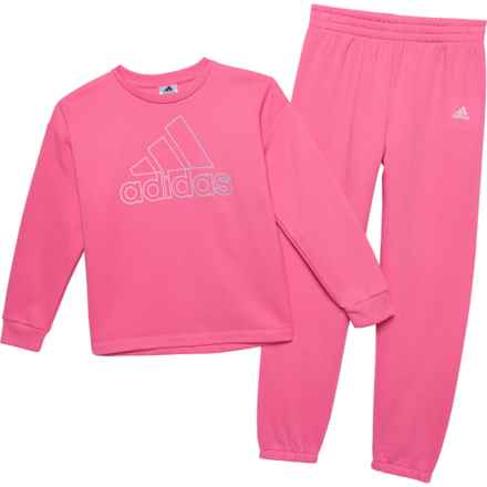 adidas Big Girls Logo Fleece Sweater and Joggers Set in Dark Pink