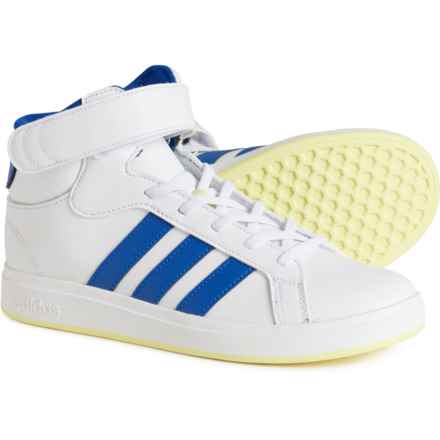 adidas Boys Grand Court Mid Sneakers in White/Royal Blue/Ice Yellow