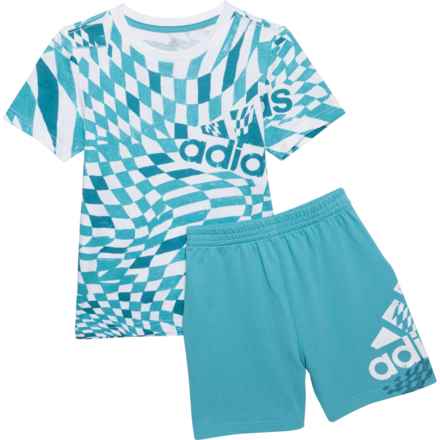 adidas Little Boys Cotton AOP T-Shirt and French Terry Shorts Set - Short Sleeve in Lt Blue