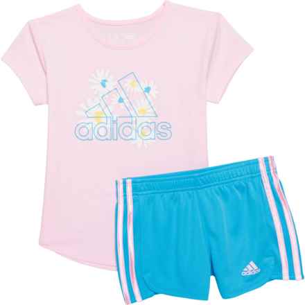 adidas Little Girls C T-Shirt and 3-Stripe Shorts Set - Short Sleeve in Pink/Blue