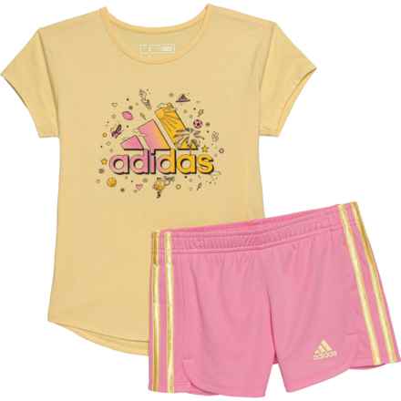 adidas Little Girls Graphic T-Shirt and 3-Stripe Mesh Short Set - Short Sleeve in Ornge Tint