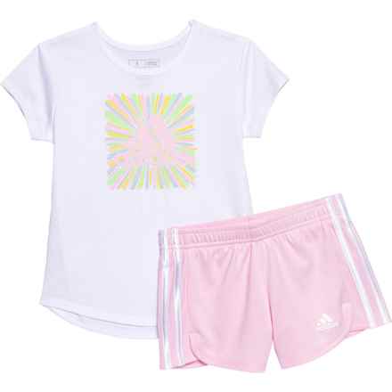 adidas Little Girls Graphic T-Shirt and 3-Stripe Mesh Short Set - Short Sleeve in White