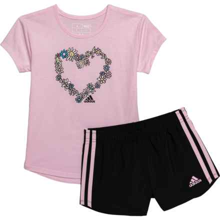 adidas Little Girls Graphic T-Shirt and 3-Stripe Woven Shorts Set - Short Sleeve in Med Pink