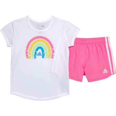 adidas Little Girls Graphic T-Shirt and 3-Stripe Woven Shorts Set - Short Sleeve in Wht W/Pink