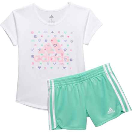 adidas Little Girls GRX T-Shirt and 3-Stripe Shorts - Short Sleeve in White/Green