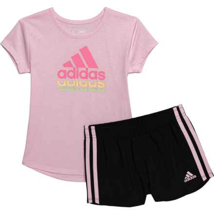 adidas Little Girls Heather T-Shirt and 3-Stripe Woven Shorts Set - Short Sleeve in Med Pink