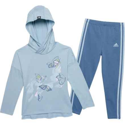 adidas Little Girls Hooded T-Shirt and Triple Stripe Leggings Set - Long Sleeve in Light Blue