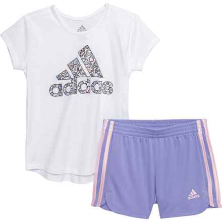 adidas Little Girls Logo T-Shirt and 3-Stripe Shorts Set - Short Sleeve in Pure White