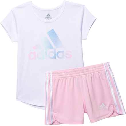 adidas Little Girls Logo T-Shirt and 3-Stripe Shorts Set - Short Sleeve in White/Light Pink