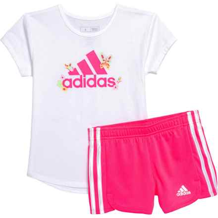 adidas Little Girls T-Shirt and 3-Stripe Shorts Set - Short Sleeve in Wht W/Pink