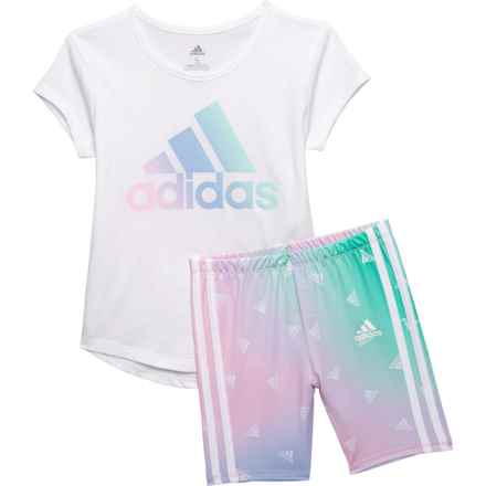 adidas Little Girls T-Shirt and AOP Bike Shorts - Short Sleeve in White/Blue