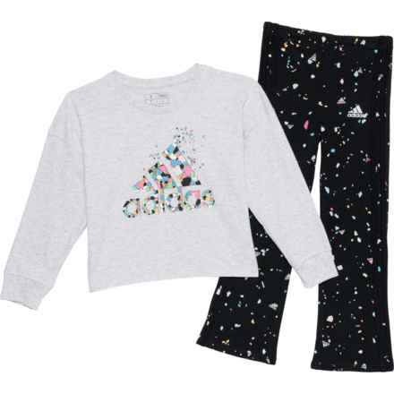 adidas Little Girls T-Shirt and AOP Flare Pants Set - Long Sleeve in Light Grey