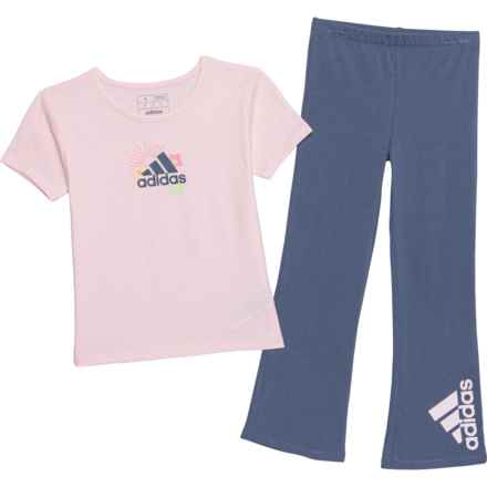 adidas Little Girls T-Shirt and Flare Pants Set - Short Sleeve in Med Pink