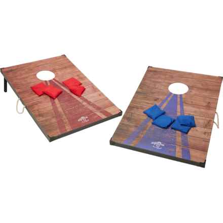 Adventure Is Out There Barnwood Red and Blue Cornhole Game in Red/Blue
