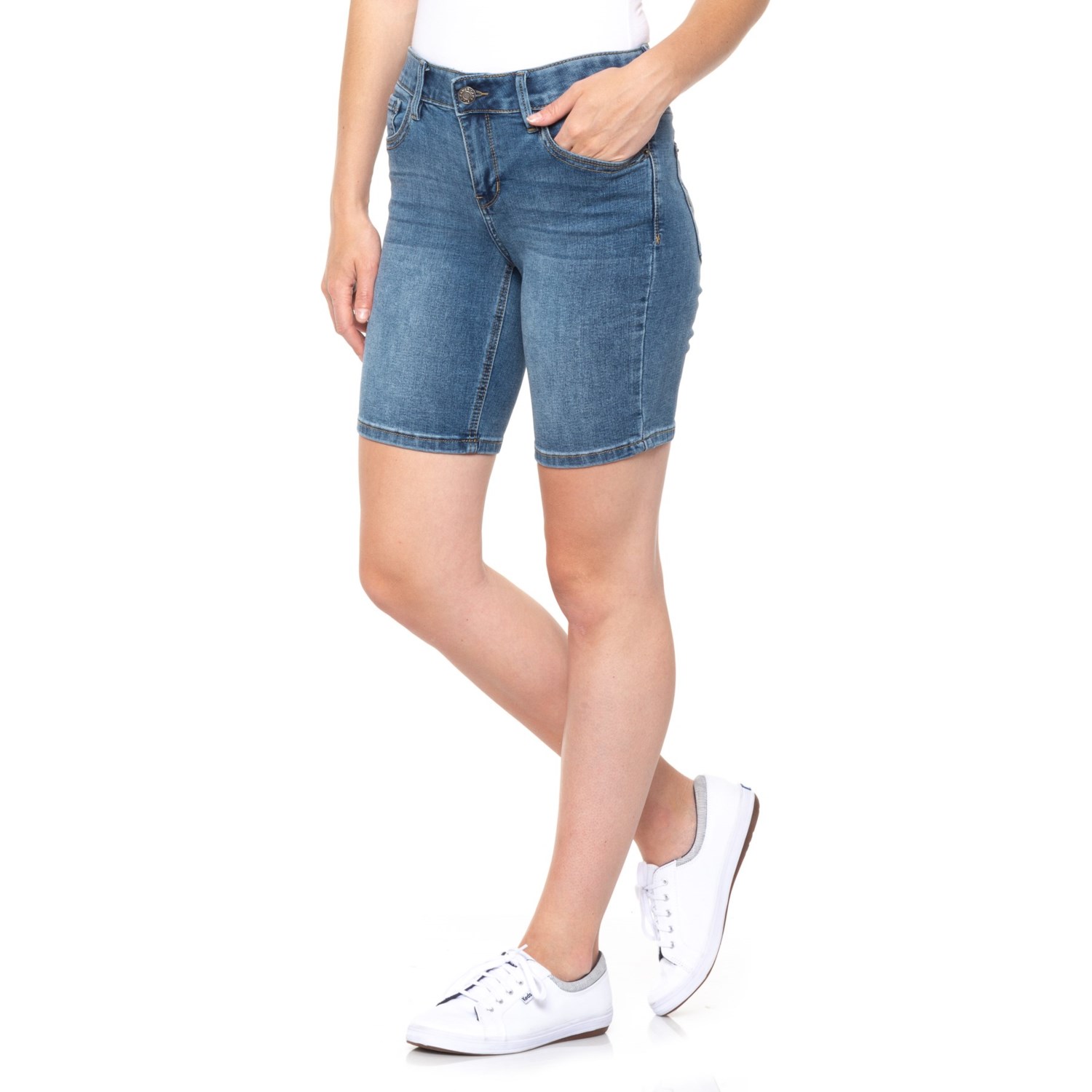 mid rise denim bermuda shorts