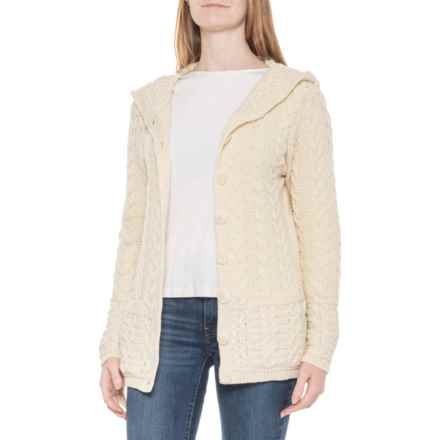 Aran Made in Ireland Hooded Cardigan Sweater - Merino Wool, Button Front in Ecru