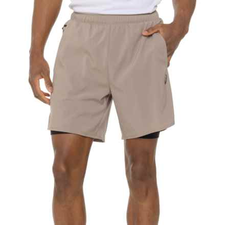 ASICS 2-N-1 Laser Cut Woven Shorts in Taupe/Black