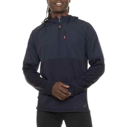 ASICS Grid Fleece Woven Hoodie - Zip Neck in Blue Night/Red Snapper