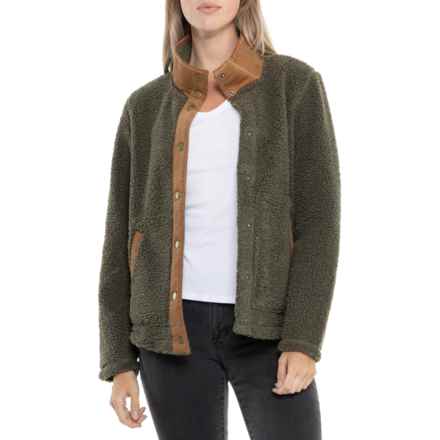 Aspen Cord Placket Sherpa Bomber Jacket - Snap Front in Tea Leaf W Tan Trim