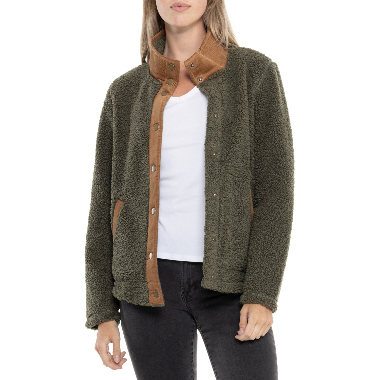 Aspen Cord Placket Sherpa Bomber Jacket - Snap Front - Save 40%