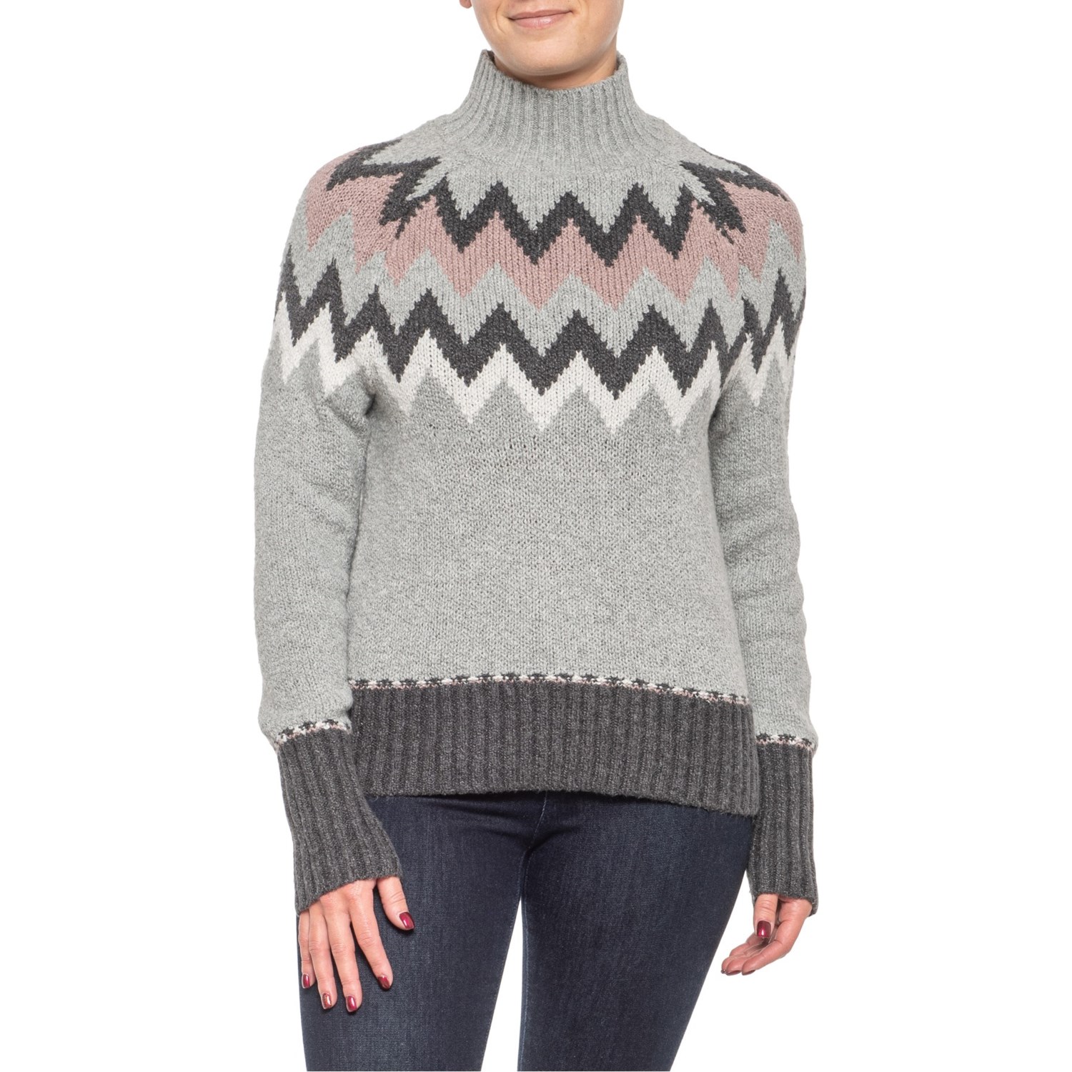 Aspen Grey-Pink Chevron Fair Isle Pullover Sweater (For Women) - Save 75%