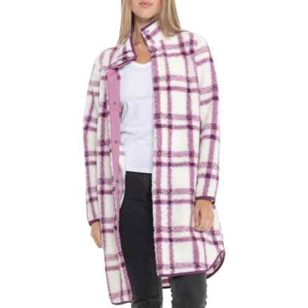 Aspen Hidden Snap Faux-Fur Fleece Stadium Coat in Brenton Plaid - 003 Plum