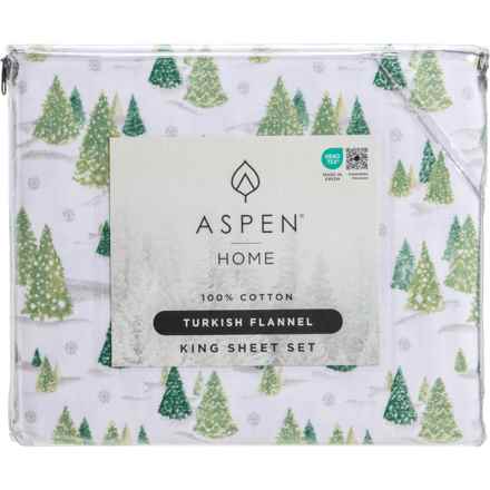 Aspen King Christmas Forest Turkish Flannel Sheet Set - 4-Piece, White-Green in White/Green