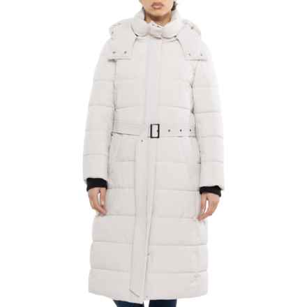 Aspen Maxi Length Belted Hooded Puffer Jacket - Insulated in Stone