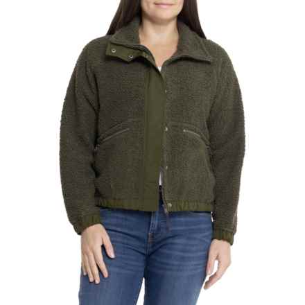 Aspen Woven Trim Sherpa Bomber Jacket - Zip Front in Tea Leaf