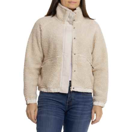 Aspen Woven Trim Sherpa Bomber Jacket - Zip Front in Whitecap Grey