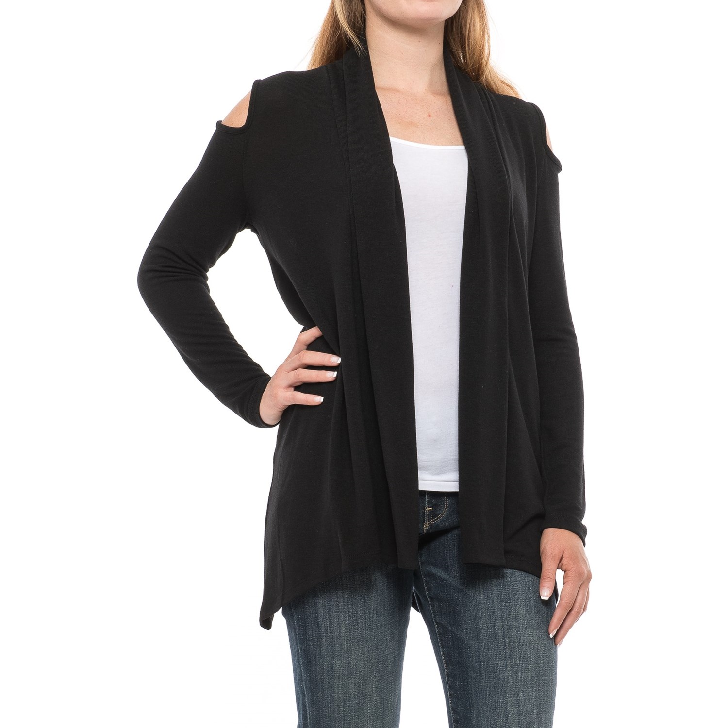August Silk Cold Shoulder Open-Front Cardigan Sweater (For Women)