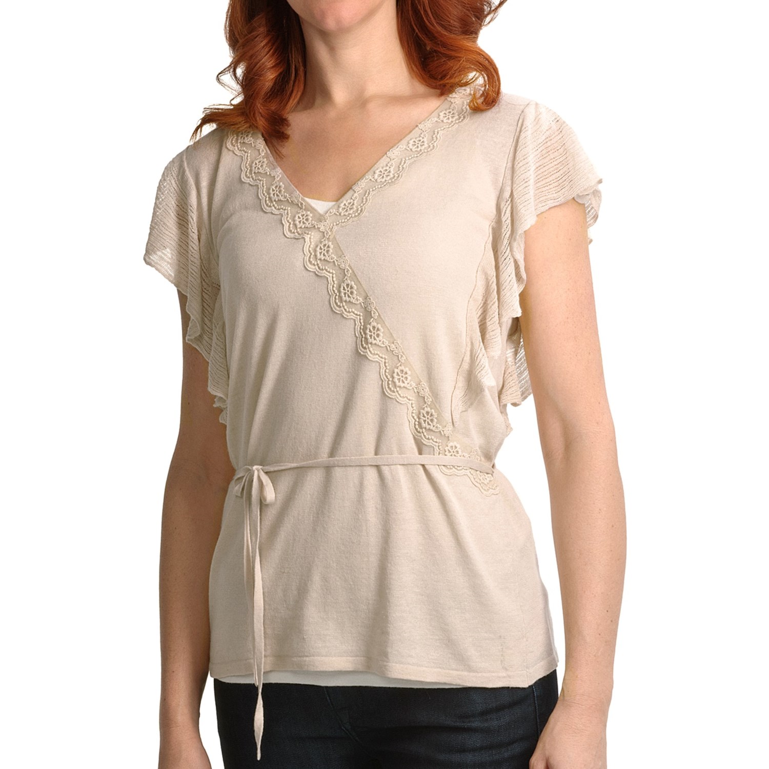 August Silk Faux Wrap Shirt - Lace Trim, Short Sleeve (For Women)